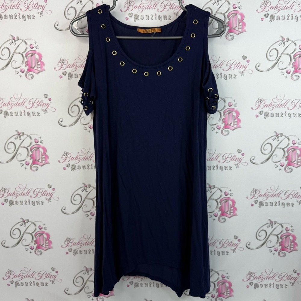 Belldini shirt cold shoulder open Navy Blue with gold circle Grommet Details